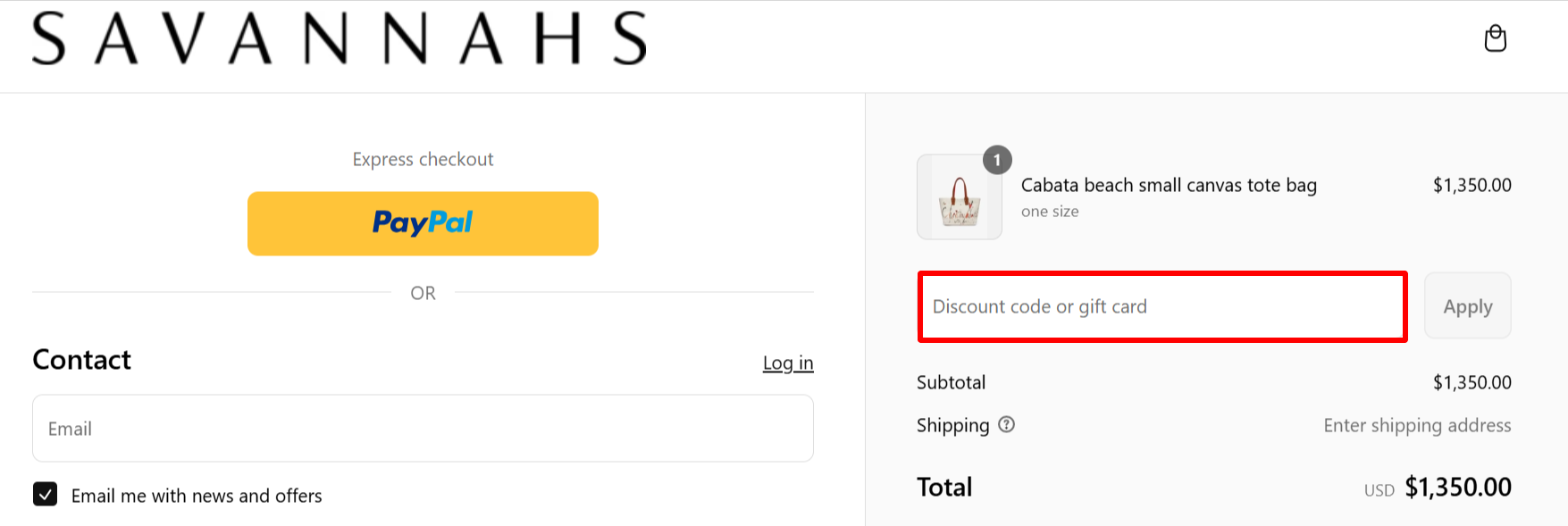 The checkout page showing where to apply your Savannahs voucher code