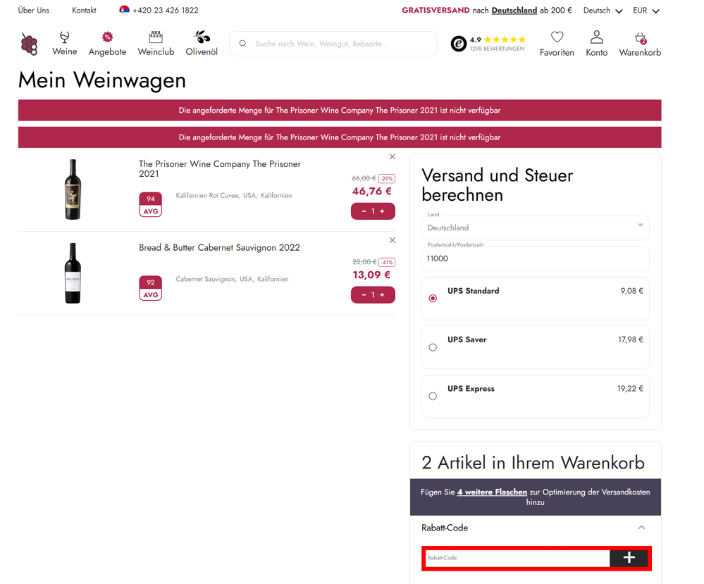 Warenkorb von 8Wines mit einem rotmarkierten Eingabefeld für Rabattcodes