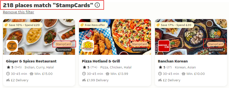 Restaurants displayed in a row with a red rectangle around stampcards