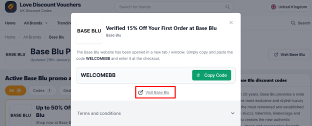 The highlighted red box shows the link to the Base Blu website.