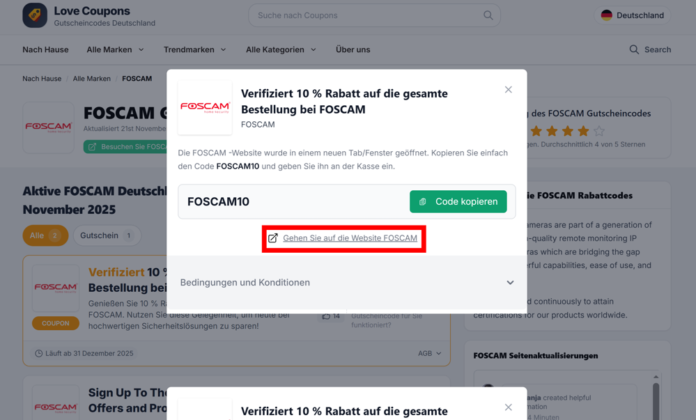 Ein offener Gutschein von FOSCAM auf der Love Coupons-Seite mit rotmarkierten Link