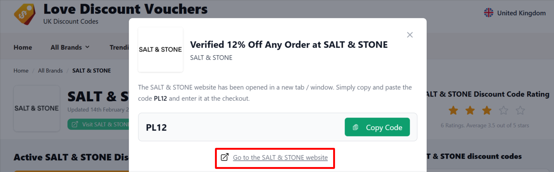 The highlighted red box shows the link that takes you to the SALT & STONE website