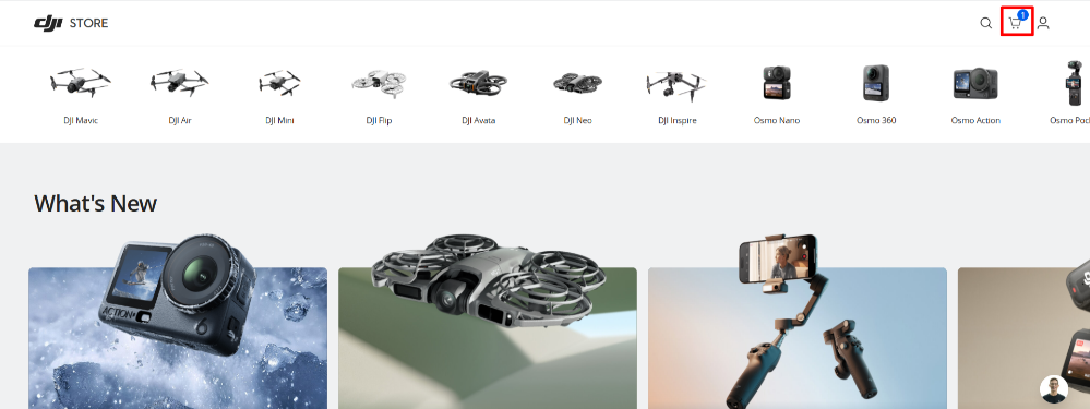 The DJI shopping page and different shopping categories