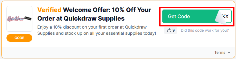 A Quickdraw Supplies voucher code with "Get Code" in a red box