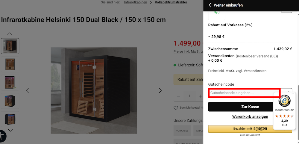Warenkorb von Saunaloft mit einem rotmarkierten Eingabefeld für Gutscheincodes