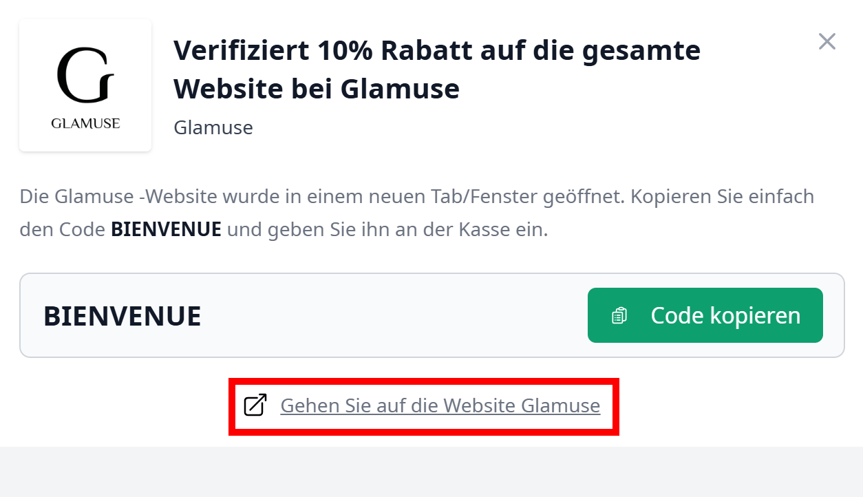 Ein offener Gutscheincode für Glamuse mit einem rotmarkierten Link