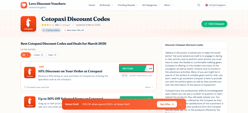 Cotopaxi Love Discount Vouchers page where to copy a code