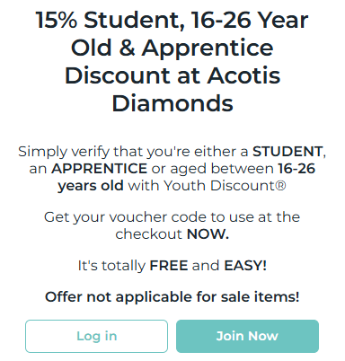 The Acotis Diamonds student discount sign up and verification page.