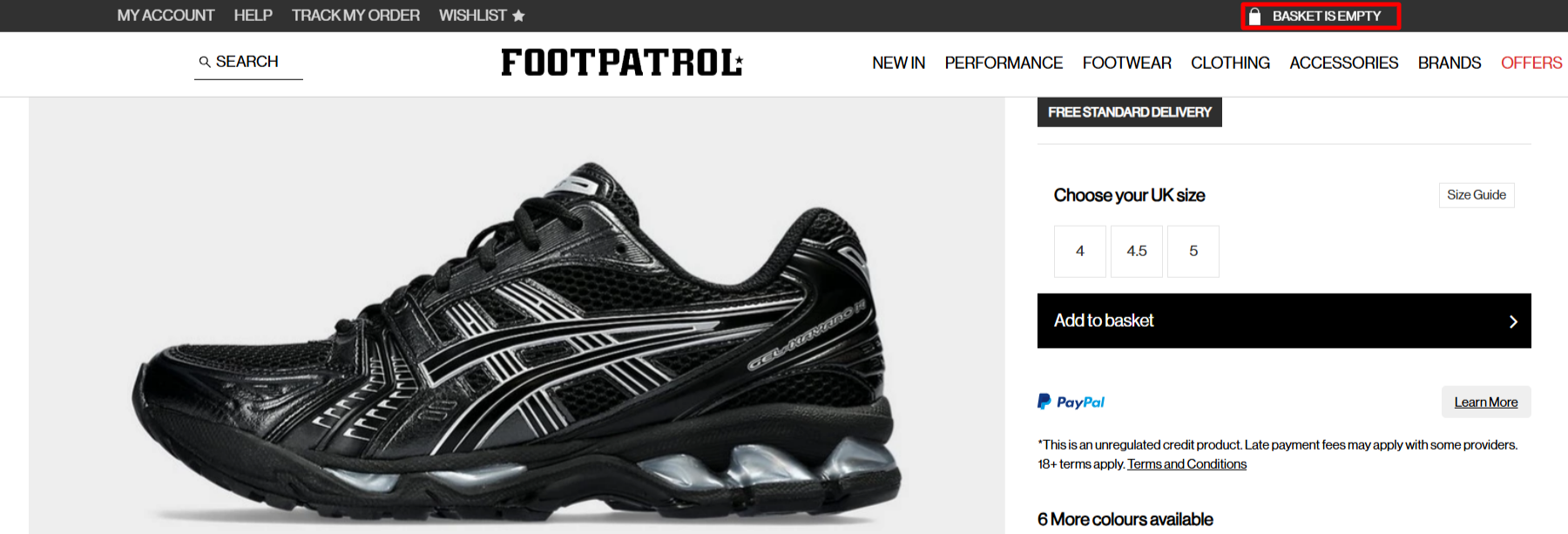 The Footpatrol shopping page and different shopping categories, as well as the shopping bag highlighted in a red box