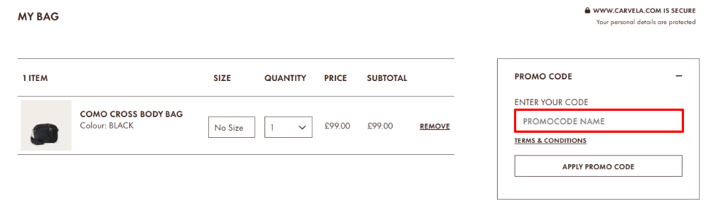 The Carvela shopping cart page with a red box around it.