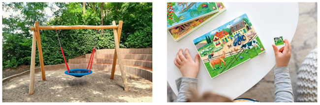 Ein Bild einer Kinderschaukel neben einem Kind an einem Tisch mit einem bunten Bild