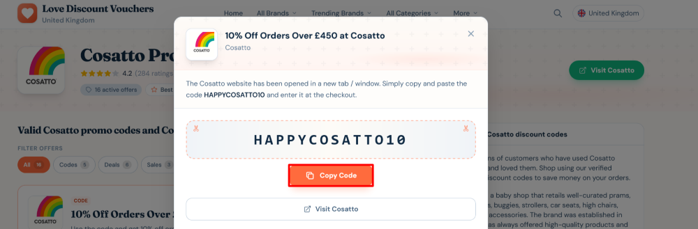 How to use a Cosatto discount code Cosatto Love Discount Vouchers page where an offer is selected