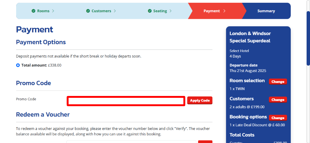 Caledonian Travel payment page where you apply your Caledonian Travel voucher code