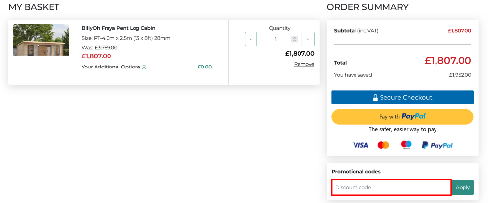 The checkout page for BillyOh, where you paste the code