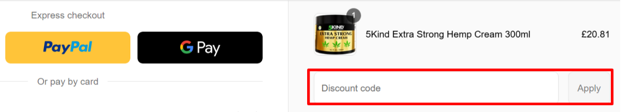 highlighted red box to paste your 5Kind discount code in