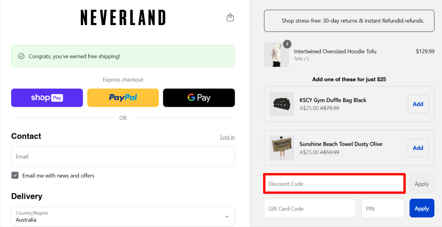 The NEVERLAND checkout page with the promo code box highlighted with a red box