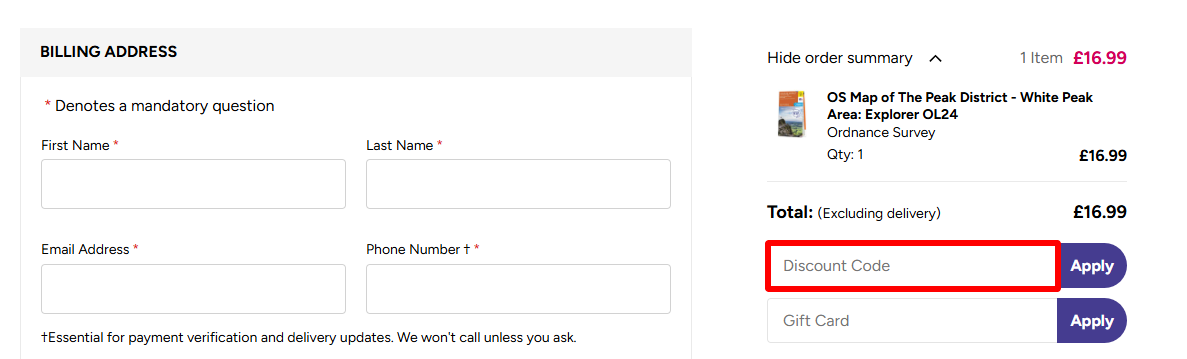 The brand checkout page with where to paste a Ordnance Survey discount code highlighted in a red box.