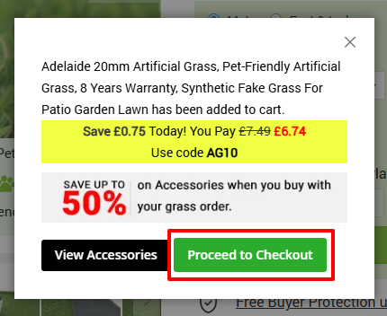 A pop-up window from the Artificial Grass GB website with "Proceed to checkout" in a red box.