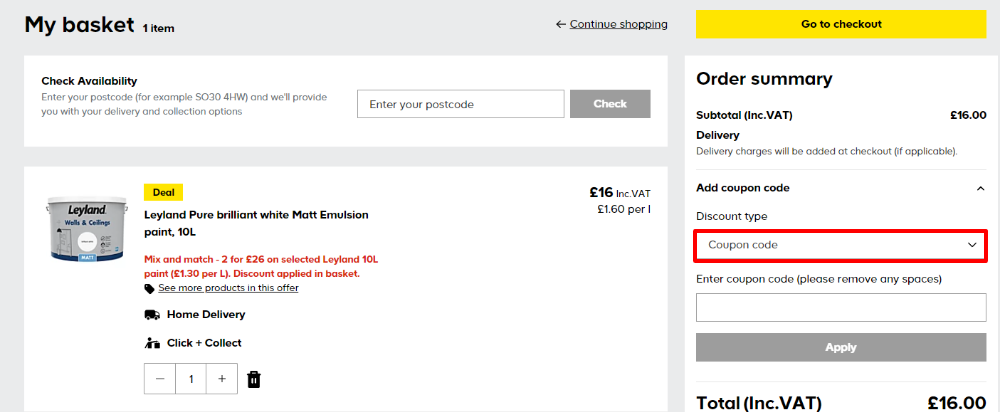B&Q Tradepoint checkout section with 10l paint in the cart and a red box around the coupon code box