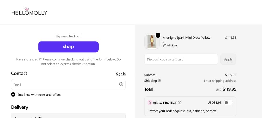 Hello Molly checkout page where a Hello Molly promo code is pasted