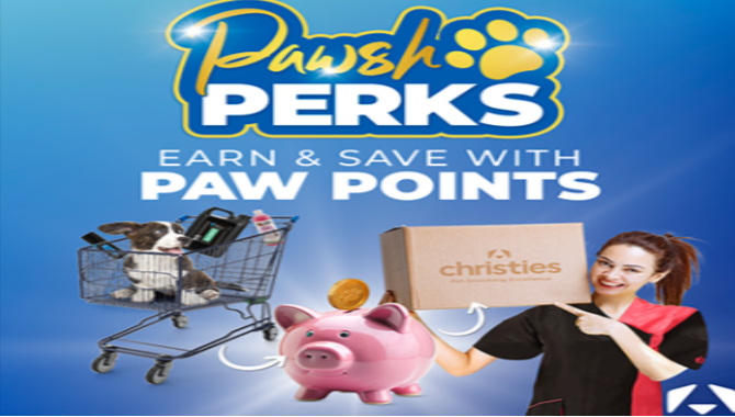 Christies Direct Pawsh Perks logo displayed on a blue background