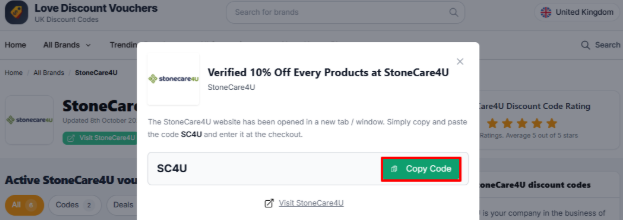 A red box is to copy a StoneCare4U discount code