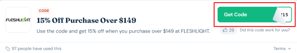 A FLESHLIGHT voucher code with "Get Code" in a red box