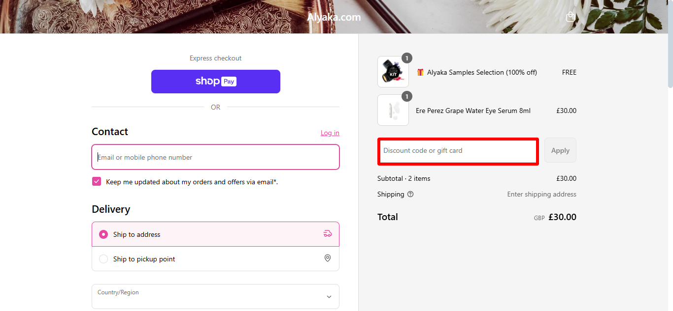 Alyaka checkout where you need to apply your promo code from Love Discount Vouchers