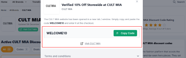 our 10% verified discount code on all items at CULT MIA UK