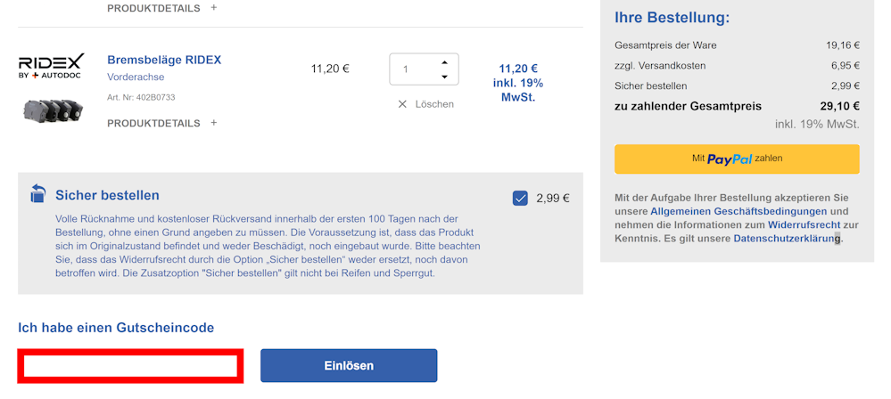 Warenkorb von AUTOERSATZTEILE mit rotmarkiertem Eingabefeld für Gutscheine