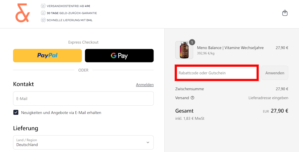 Check-out von CLAV mit einem rotmarkierten Eingabefeld für den CLAV Gutschein