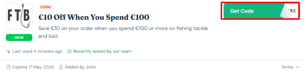 A box will show the Fishing Tackle and Bait voucher code to use on your purchase