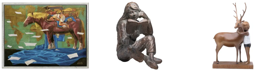 Ein Wandbild neben zwei Figuren, die eine lesende Frau und ein Kind mit Hirsch darstellen