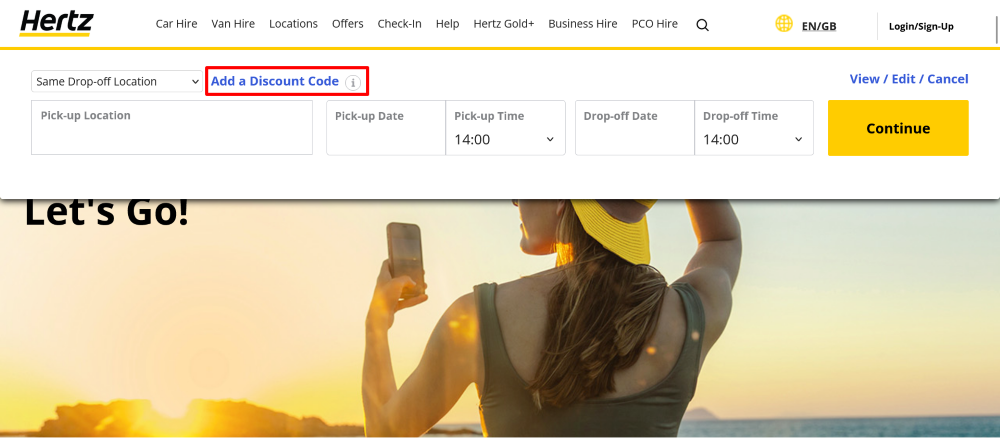Hertz booking page and discount code area hihlighted