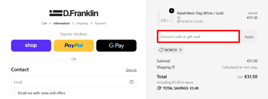 Checkout page where you can apply your promo code