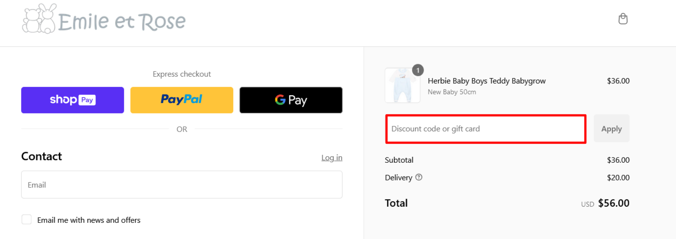 Emile Et Rose checkout page where to enter your code