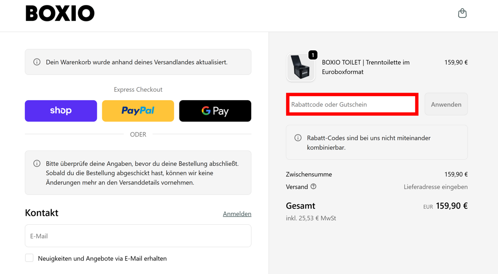 Check-out von BOXIO mit einem rotmarkierten Eingabefeld für einen Rabattcode