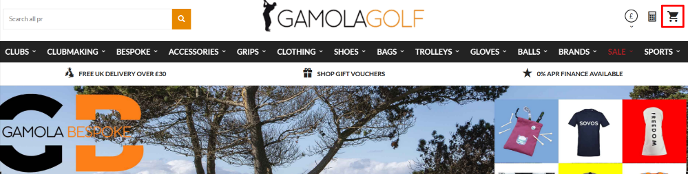 The Gamola Golf website and the shopping categories
