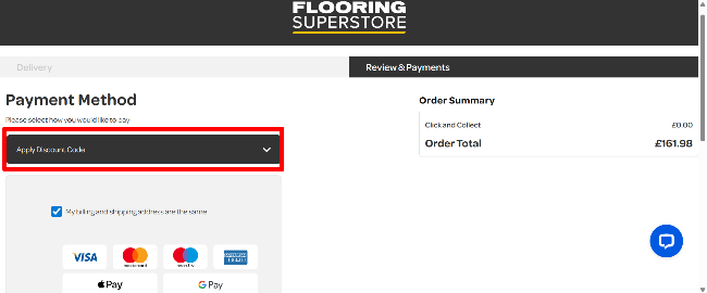 Flooring Superstore checkout page with an overview of items & a code box