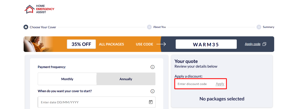 The Home Emergency Assist page with the necessary detail and the discount code box