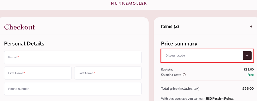 image showing the Hunkemoller checkout page