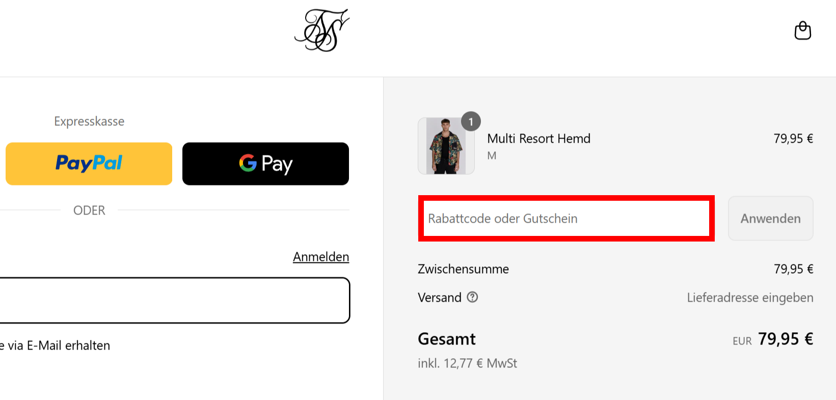 Bestellverlauf von siksilk mit einem rotmarkiertem Eingabefeld