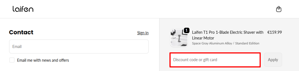 Laifen promo code place under the items in your shopping cart