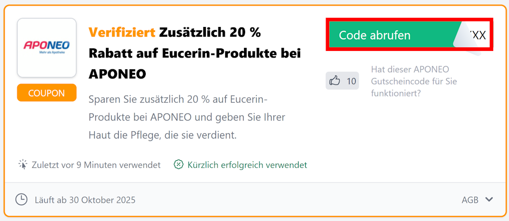 Angaben zum APONEO Rabattcode mit einem markiertem Abruf-Button