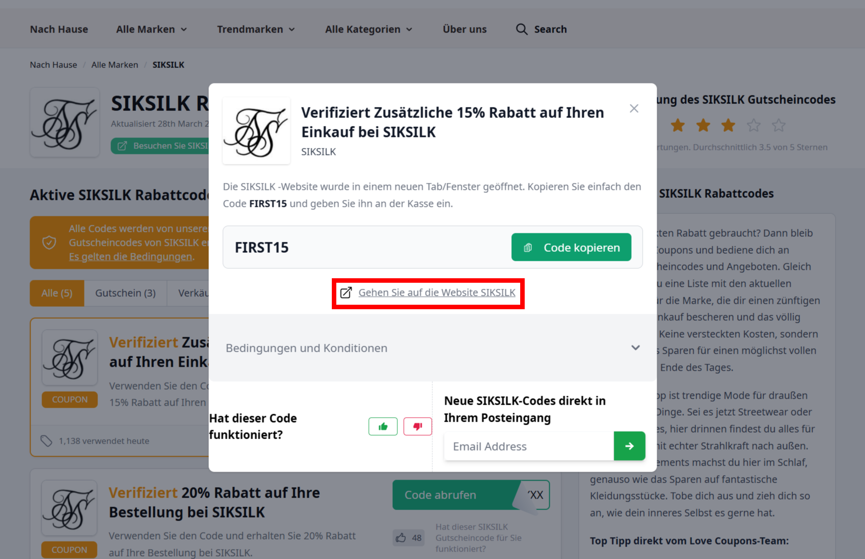 Ein offener Gutscheincode zu siksilk mit rotmarkiertem Link