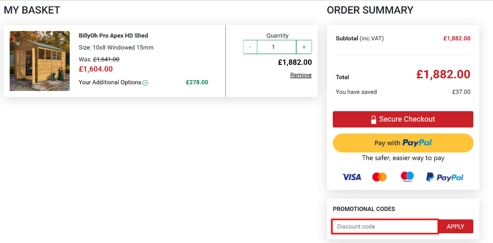 The Garden Buildings Direct checkout page with where to paste the Garden Buildings Direct discount code in a red box