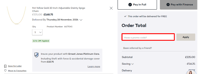 Ernest Jones checkout page for UK customers to redeem their code