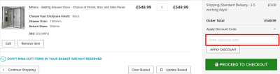 The checkout page showing where to apply your Big Bathroom Shop promo code