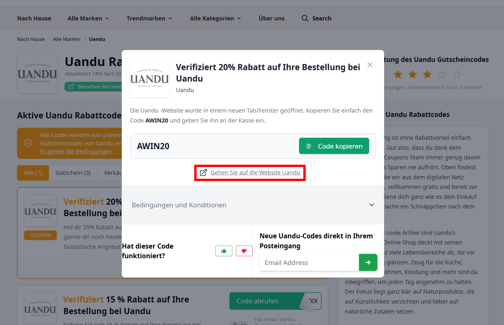 Ein offener Gutscheincode von Uandu mit rotmarkiertem Link zur Shopseite