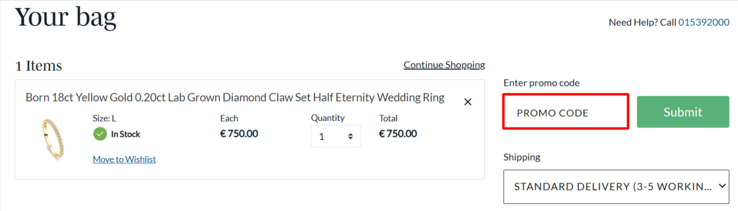 The Fields checkout page with the discount code box highlighted in red
